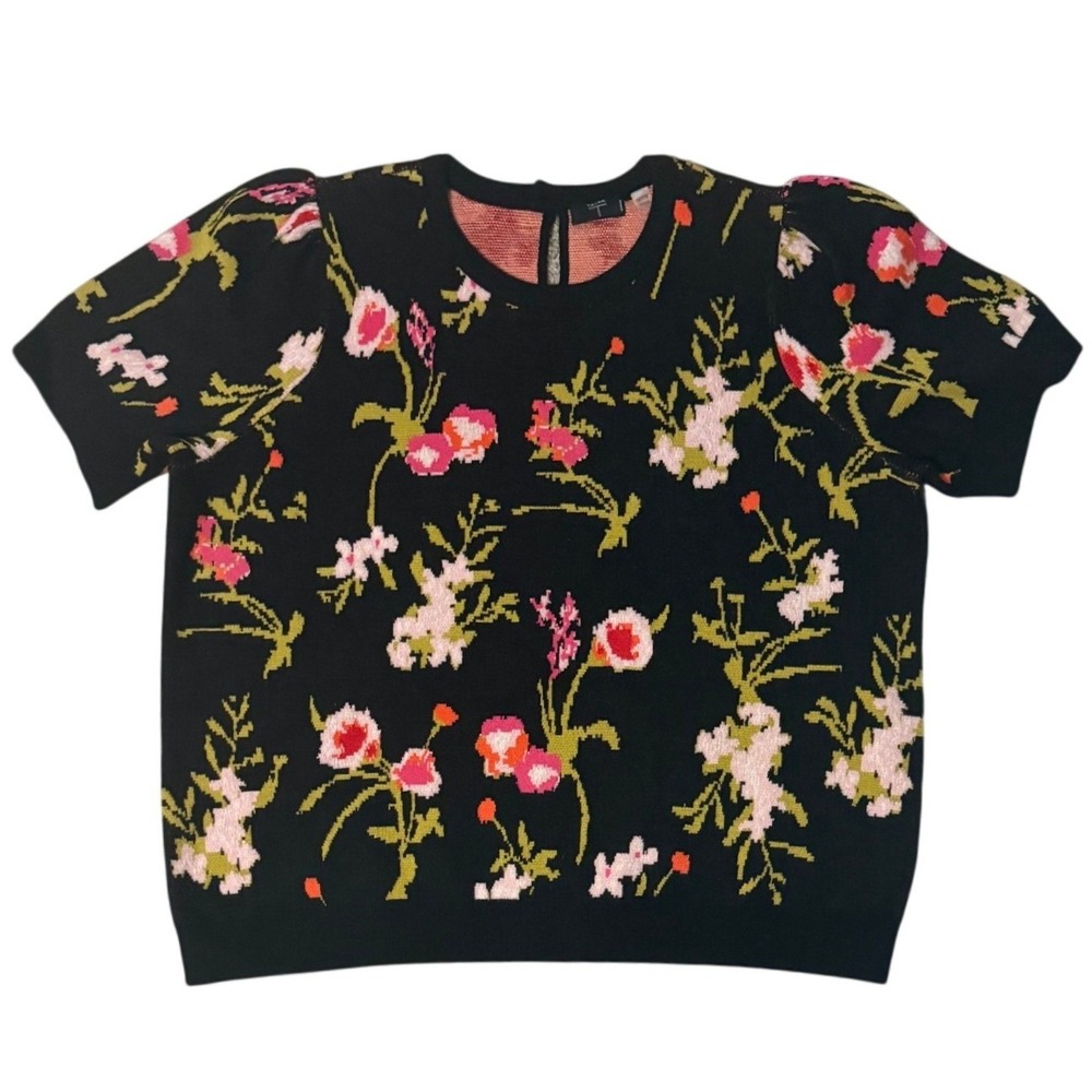 Tahari Black Floral Jacquard Puff Short Sleeve Sweater Top Plus Size 2X
